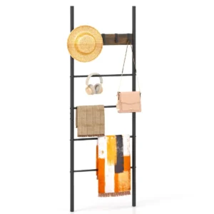 Wandgemonteerd ladderrek 5 laags plank 5 verwijderbare haken handdoekenrek displayrek voor badkamer woonkamer entree bruin 1