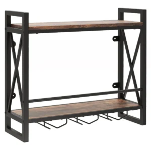Wandgemonteerd wijnrek industrieel flessenrek met 2 legplanken 3 glashouders hangend wijnrek voor thuis bar keuken restaurant 1