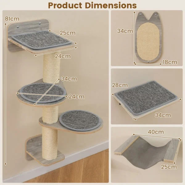 Wandkattenboom meubel met 4 niveaus hangmat krabplank & mat 2 springplatforms ruimtebesparende klimboom voor binnenkatten 5