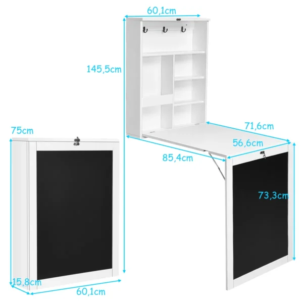 Wandtafel uitklapbare muur opklaptafel convertible bureau met krijtbord wit 60 x 15.5 x 75 cm 2
