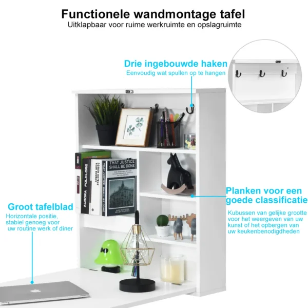 Wandtafel uitklapbare muur opklaptafel convertible bureau met krijtbord wit 60 x 15.5 x 75 cm 5
