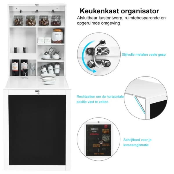 Wandtafel uitklapbare muur opklaptafel convertible bureau met krijtbord wit 60 x 15.5 x 75 cm 7