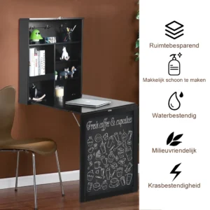 Wandtafel uitklapbare muur opklaptafel convertible bureau met krijtbord wit/zwart 60 x 15.5 x 75 cm zwart 1