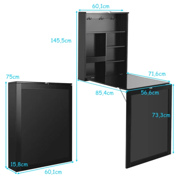 Wandtafel uitklapbare muur opklaptafel convertible bureau met krijtbord wit/zwart 60 x 15.5 x 75 cm zwart 3
