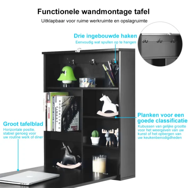 Wandtafel uitklapbare muur opklaptafel convertible bureau met krijtbord wit/zwart 60 x 15.5 x 75 cm zwart 4