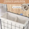 Wasmand met afsluitbare wielen robuuste wasmand van 130 liter met houten deksel en verdeelde uitneembare binnenzak zwart 3