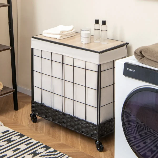 Wasmand met afsluitbare wielen robuuste wasmand van 130 liter met houten deksel en verdeelde uitneembare binnenzak zwart 7