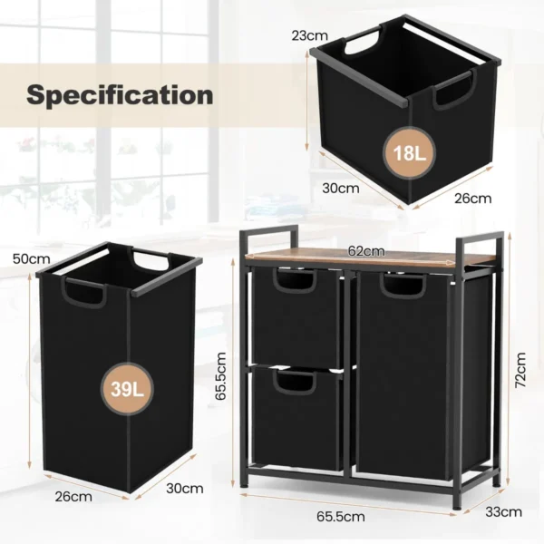 Wasmand wasverzamelaar met plank 75 l wassorteerder met 3 afneembare vakken en metalen frame voor bijkeuken badkamer 3 vakken 3