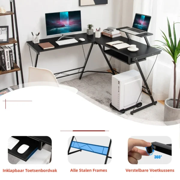 Werkbureau l vormig computerbureau met verplaatsbare standaard zwart 7