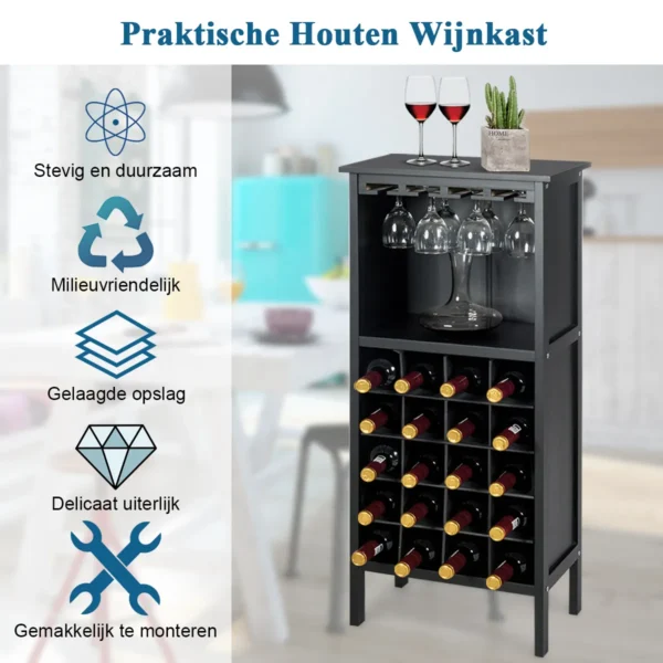 Wijnkast voor 20 flessen wijn fles organisator opslag plank weergeven houten wijnrek met glas hanger en fles houder zwart 3