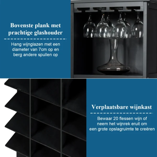 Wijnkast voor 20 flessen wijn fles organisator opslag plank weergeven houten wijnrek met glas hanger en fles houder zwart 5