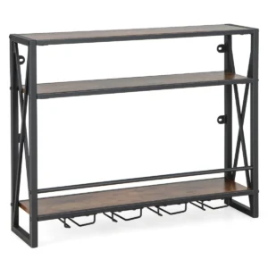 Wijnrek met 3 niveaus houten flessenrek met metalen frame met 4 rijen wijnglazenhouder ideaal voor thuis bar keuken restaurant 1