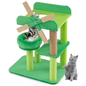 Windmolen krabpaal met krabpaal rond gewatteerd platform grote zitstok met anti val schotten elegant klimrek voor binnenkatten 1