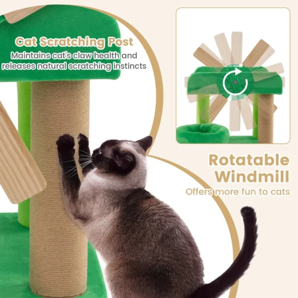 Windmolen krabpaal met krabpaal rond gewatteerd platform grote zitstok met anti val schotten elegant klimrek voor binnenkatten 5