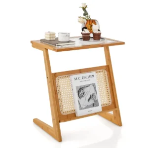 Z vormige bijzettafel met tijdschriftenhouder bamboe bijzettafel met glazen blad & rotan plank klein nachtkastje compacte salontafel 1