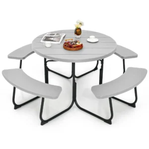 Zitgarnituur voor 8 personen picknicktafel met parasolgat en 4 banken ronde tuintafel tuinmeubelen zitgroep voor tuin terras grijs 1