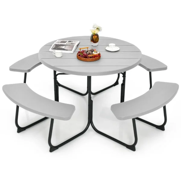 Zitgarnituur voor 8 personen picknicktafel met parasolgat en 4 banken ronde tuintafel tuinmeubelen zitgroep voor tuin terras grijs 1