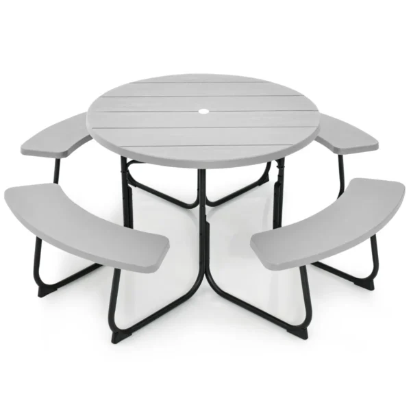 Zitgarnituur voor 8 personen picknicktafel met parasolgat en 4 banken ronde tuintafel tuinmeubelen zitgroep voor tuin terras grijs 2