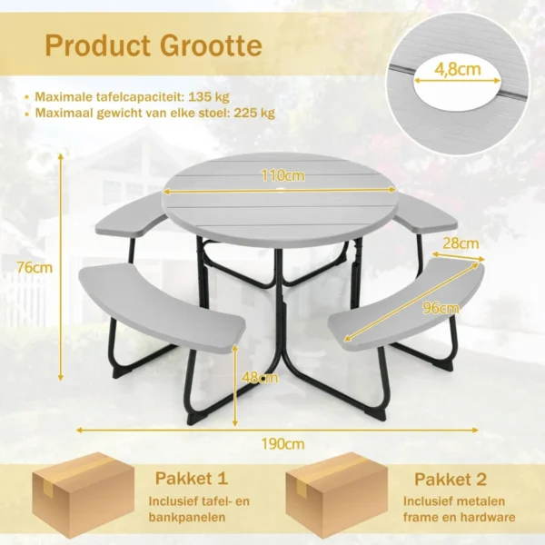 Zitgarnituur voor 8 personen picknicktafel met parasolgat en 4 banken ronde tuintafel tuinmeubelen zitgroep voor tuin terras grijs 3