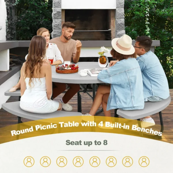 Zitgarnituur voor 8 personen picknicktafel met parasolgat en 4 banken ronde tuintafel tuinmeubelen zitgroep voor tuin terras grijs 4