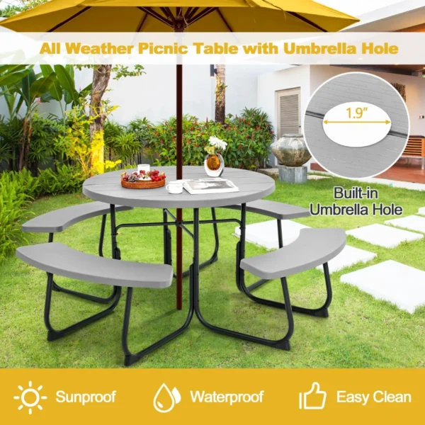 Zitgarnituur voor 8 personen picknicktafel met parasolgat en 4 banken ronde tuintafel tuinmeubelen zitgroep voor tuin terras grijs 5