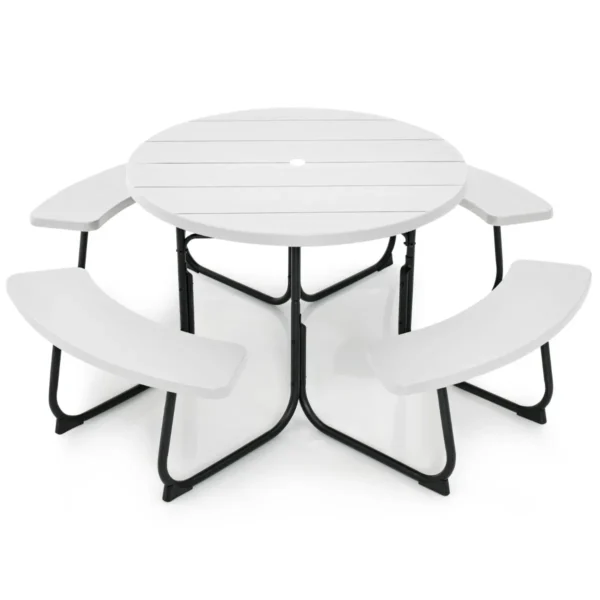 Zitgarnituur voor 8 personen picknicktafel met parasolgat en 4 banken ronde tuintafel tuinmeubelen zitgroep voor tuin terras wit 2