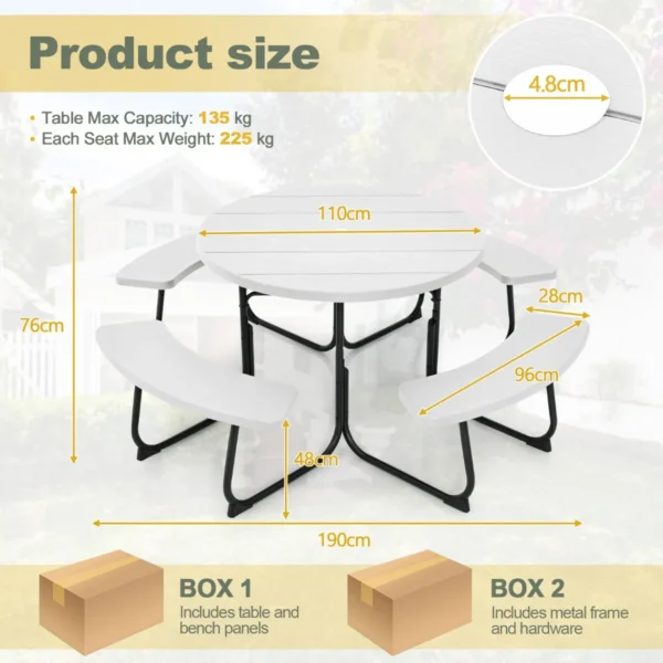 Zitgarnituur voor 8 personen picknicktafel met parasolgat en 4 banken ronde tuintafel tuinmeubelen zitgroep voor tuin terras wit 3