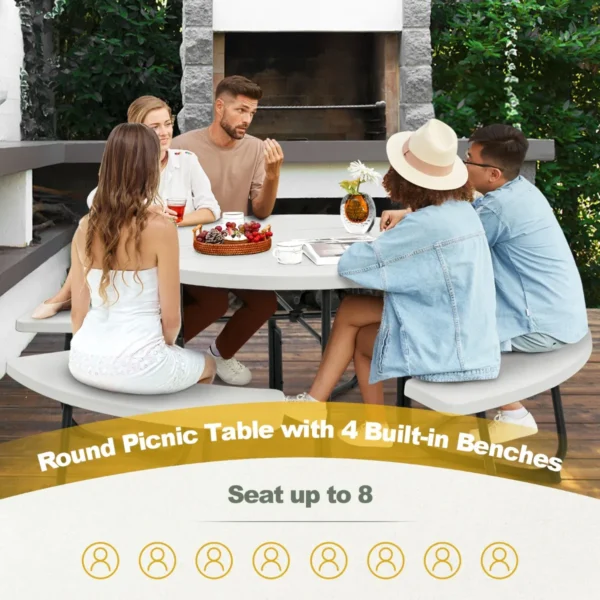 Zitgarnituur voor 8 personen picknicktafel met parasolgat en 4 banken ronde tuintafel tuinmeubelen zitgroep voor tuin terras wit 4