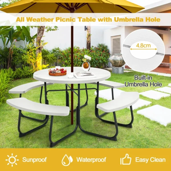Zitgarnituur voor 8 personen picknicktafel met parasolgat en 4 banken ronde tuintafel tuinmeubelen zitgroep voor tuin terras wit 6