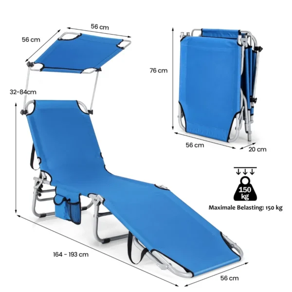 Zonneligstoel met dak en zijvak inklapbare ligstoel met 5 verstelbare rugleuning strandstoel tuinligstoel 193 x 56 x 32 cm (blauw) 3