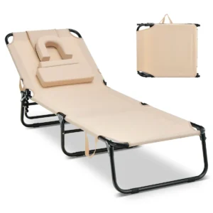 Zonneligstoel met gezichtsopening inklapbare ligstoel strandstoel ligstoel voor tuin en zwembad (beige) 1