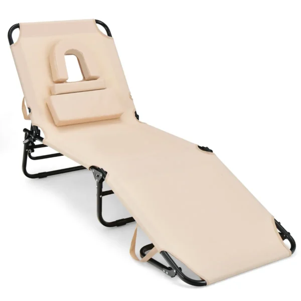 Zonneligstoel met gezichtsopening inklapbare ligstoel strandstoel ligstoel voor tuin en zwembad (beige) 2