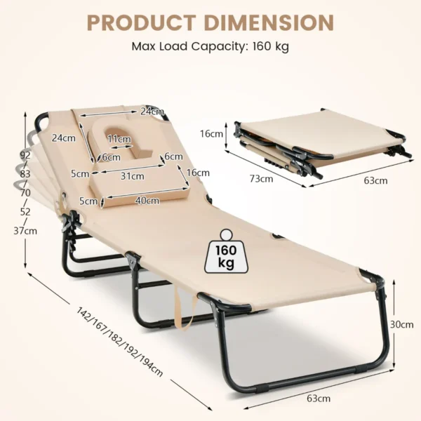 Zonneligstoel met gezichtsopening inklapbare ligstoel strandstoel ligstoel voor tuin en zwembad (beige) 3