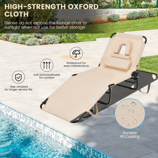Zonneligstoel met gezichtsopening inklapbare ligstoel strandstoel ligstoel voor tuin en zwembad (beige) 4