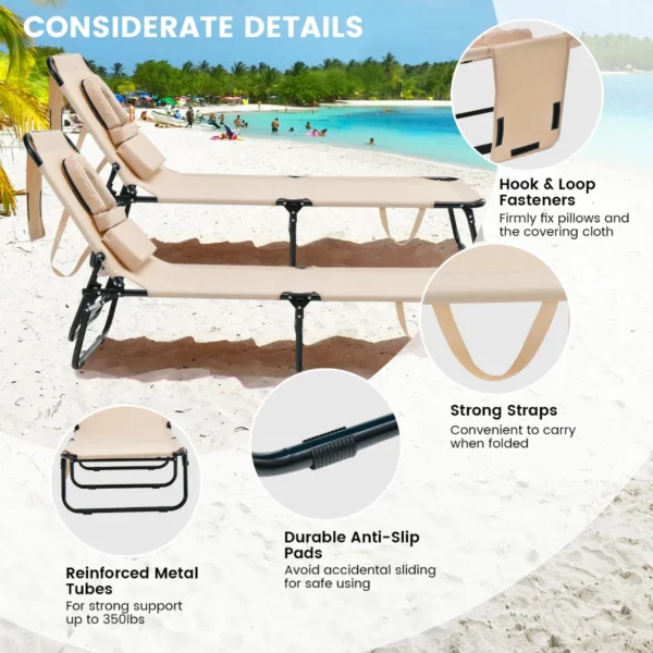 Zonneligstoel met gezichtsopening inklapbare ligstoel strandstoel ligstoel voor tuin en zwembad (beige) 5