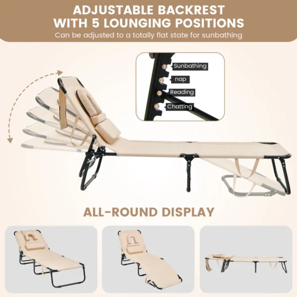 Zonneligstoel met gezichtsopening inklapbare ligstoel strandstoel ligstoel voor tuin en zwembad (beige) 6