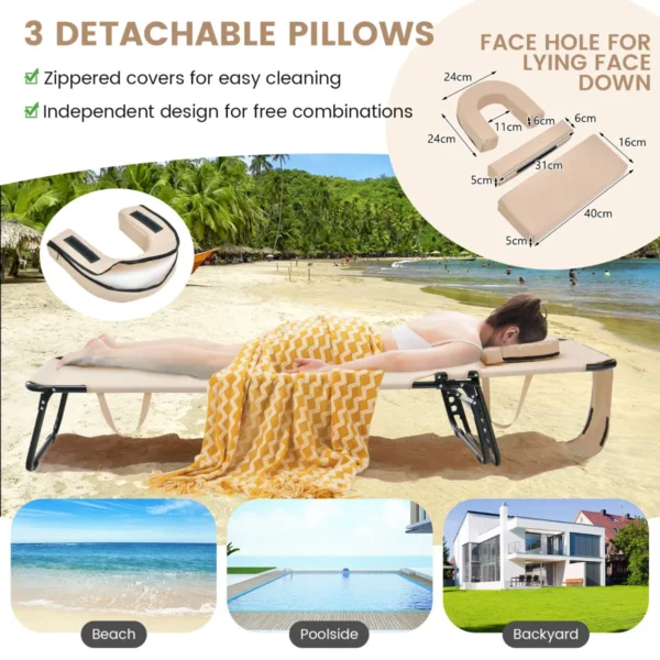 Zonneligstoel met gezichtsopening inklapbare ligstoel strandstoel ligstoel voor tuin en zwembad (beige) 7