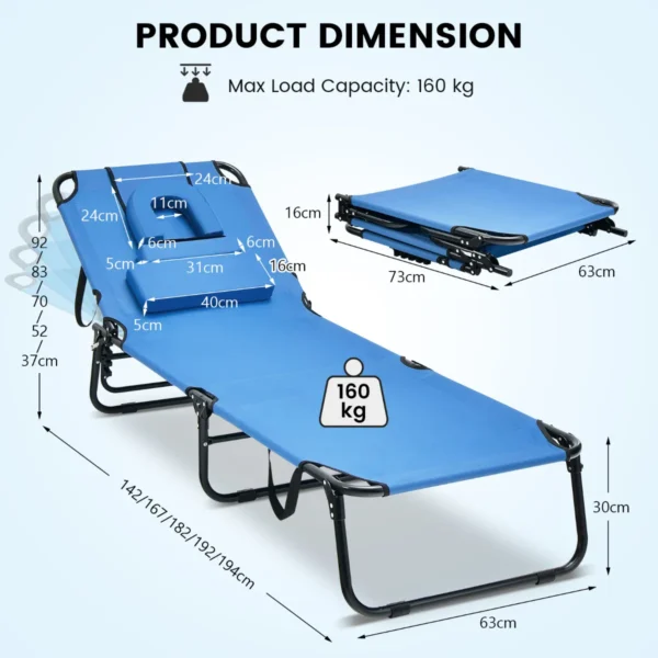 Zonneligstoel met gezichtsopening inklapbare ligstoel strandstoel ligstoel voor tuin en zwembad blauw 3