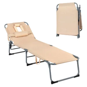 Zonneligstoel met hoofdsteun inklapbare ligstoel strandstoel met 5 verstelbare rugleuning (beige) 1