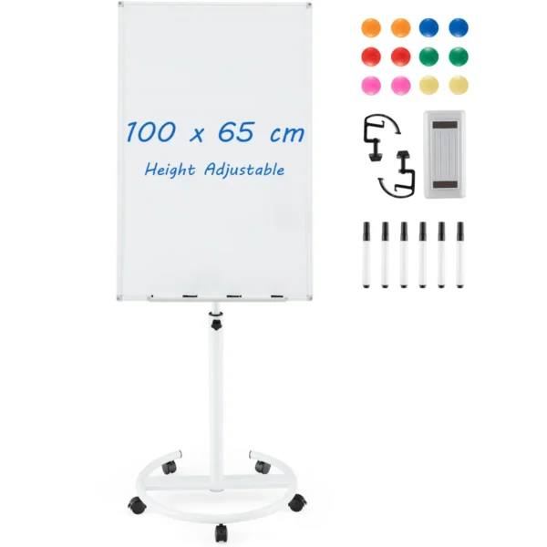 100 X 65 Cm Mobiel Whiteboard Op Wieltjes In Hoogte Verstelbaar Tot 192 Cm Magnetisch Met Ronde Standaard Magneten Markers En Gum Wit
