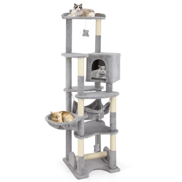 176 Cm Krabpaal Van Hout Grote Katten Krabpaal Met Hol Mand Bed Hangmat Sisalpalen Platforms Speelgoed Kattenmeubel Klimboom Grijs
