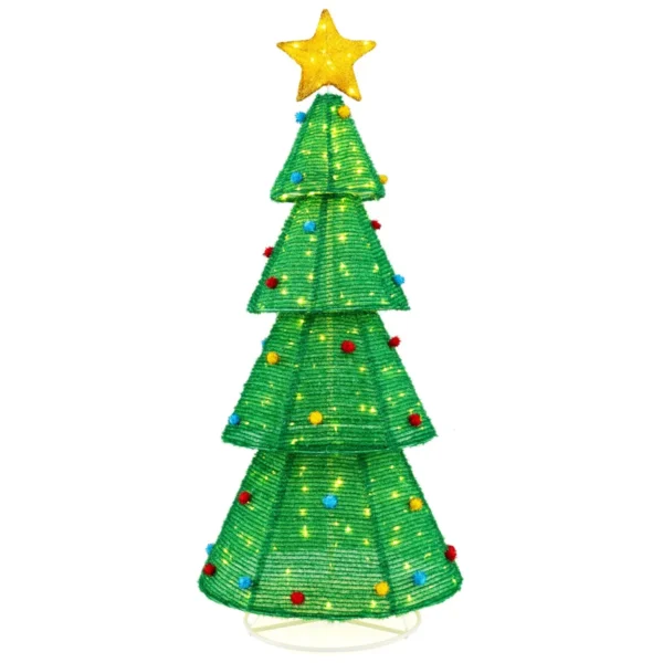 190 Cm Opvouwbare Kerstboom Met 200 Geïntegreerde LED-Lampjes Voorverlichte Kerstboom Topster Bontballetjes Kabelbinders