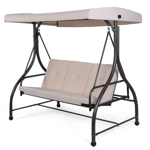 2-In-1 Bed En 3-Zits Tuinschommel Met Verstelbaar Kanteldak En Metalen Frame Ergonomische Rugleuning Voor Terras Tuin En Balkon