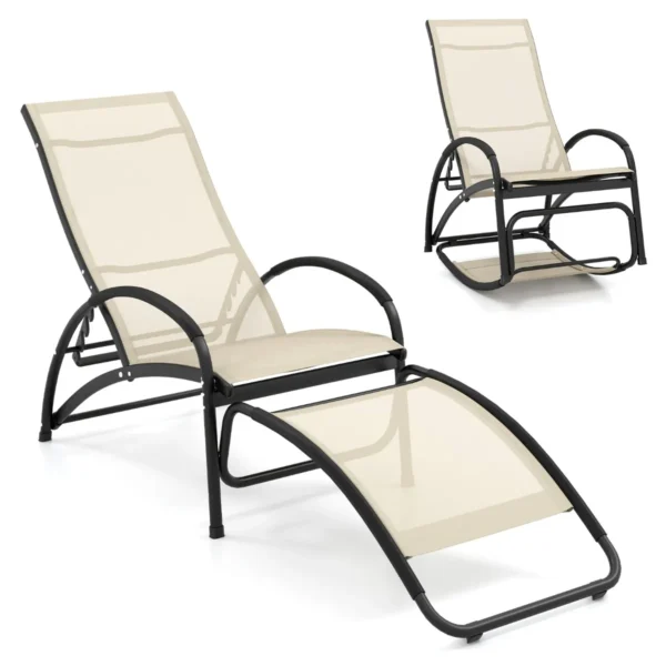2-In-1 Zonnestoel Converteerbare Schommelstoel Met Verstelbare Rugleuning En Gebogen Armleuningen Ligstoel Met Aluminium Frame (Beige)