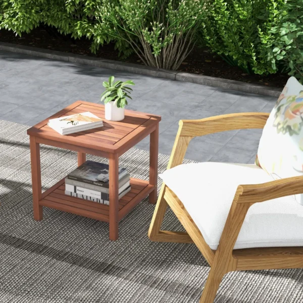 2 tier houten bijzettafel draagbare rechthoekige eindtafel met lattenbodem salontafel voor binnen en buiten voor thuis zwembad terras 7