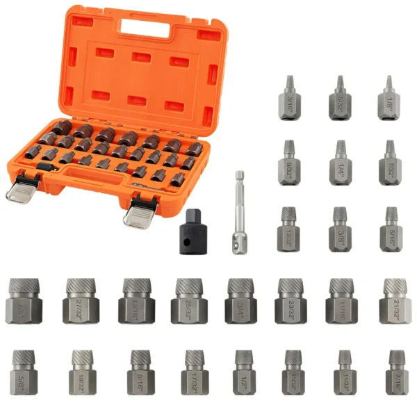 27-Delige Set Met Dubbele Schroef- En Boutverwijderaars 3/8"-Aandrijving Zeskantkop En Multi-Spline-Verwijderaar-Oranje
