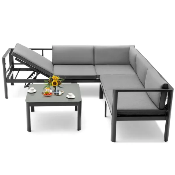 3-Delige Aluminium Terrasbankset Brede 3-Zitsbank Met Op 6 Niveaus Verstelbare Rugleuning En Salontafel Van Gehard Glas