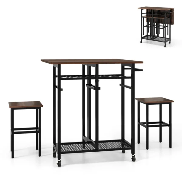 3-Delige Eettafelset Uitschuifbare Keukentafel Met 2 Krukken Rollende Eettafelset Met Wijnrek Voor 6 Flessen & Planken Bruin