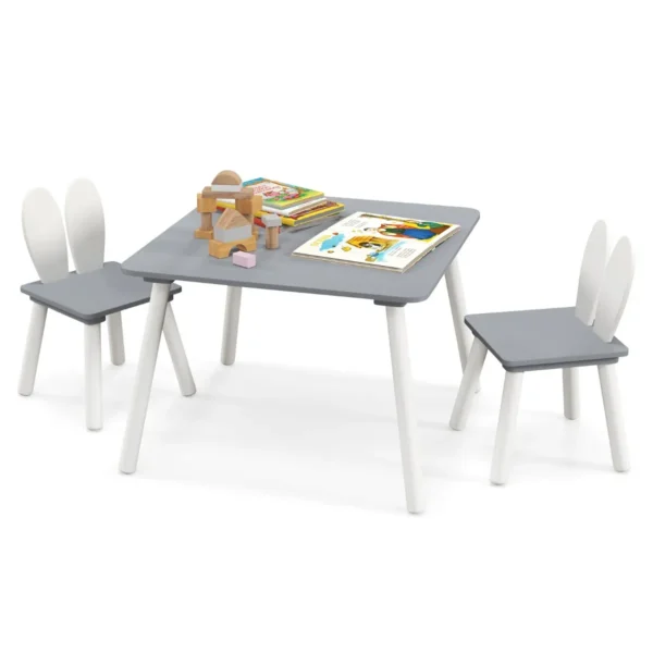 3-Delige Kindertafel En Stoelenset 2 Schattige Konijnenstoelen Massief Houten Poten Multifunctionele Kindermeubelset-Grijs