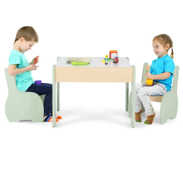 3-Delige Kinderzitgroep Van Hout 4-In-1 Kindertafel Met 2 Stoelen En Afneembaar Bord Kindermeubelset Met Opbergruimte Groen